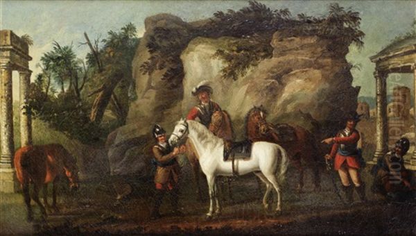 Soldiers Preparing Their Horses, A Walled Town In The Distance by Hendrick Frans van Lint