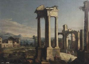 A Capriccio View Of A Forum With Horsemen, Travellers And Other Figures Amongst Classical Ruins A Capriccio View Of A Forum With Horsemen, Travellers And Other Figures Amongst Classical Ruins