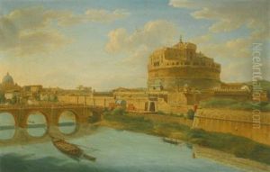 Rome, A View Of The Tiber With The Castel Sant Angelo And Ponte Sant'angelo, Saint Peter's Basilica Beyond by Hendrick Frans van Lint