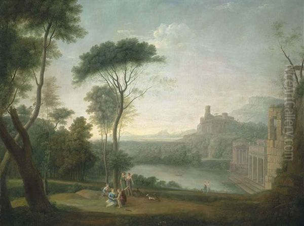 An Extensive Italianate Wooded Landscape, With Classical Buildings By A River, The Nymph Egeria Mourning Over Numa In The Foreground - view 1