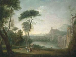 An Extensive Italianate Wooded Landscape, With Classical Buildings By A River, The Nymph Egeria Mourning Over Numa In The Foreground by Hendrick Frans van Lint