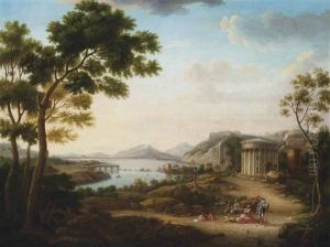A Classical Landscape With Figures At Rest On A Track, Near A Temple, Mountains Beyond