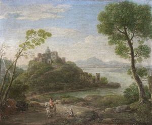 A Traveller And A Beggar In An Open Landscape, With A Walled City In The Distance (+ A Shepherd Grazing Cattle In An Open Coastal Landscape, With A Classical Temple On A Hilltop; Pair) by Hendrick Frans van Lint