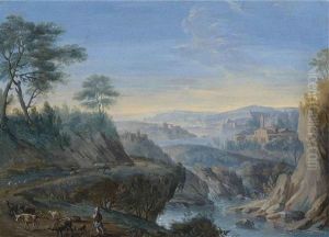 A Mountainous Wooded River Landscape With A Drover On A Track, Waterfalls And A City Beyond by Hendrick Frans van Lint