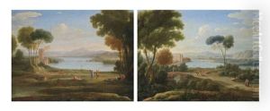 The Watermill Or The Marriage Of Isaac And Rebecca, And A Classical River Landscape With Figures On A Path And A Palace In The Distance (pair) by Hendrick Frans van Lint