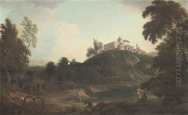An Italianate Wooded River Landscape With Figures Conversing On A Bank, A Town On A Hill Beyond by Hendrick Frans van Lint