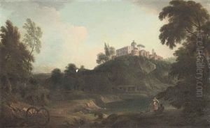 An Italianate Wooded River Landscape With Figures Conversing On A Bank, A Town On A Hill Beyond