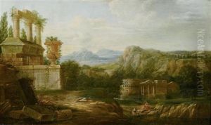 Sudliche Landschaft Mit Tempelruinen, Figurenstaffage Und Tieren (+ Another, Similar, Oil On Wood; Pair)