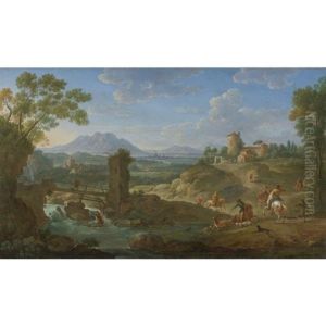 Elegant Hunting Party In An Extensive Landscape With Mountains Beyond