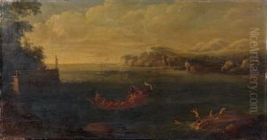 Putti Sur Un Bateau Au Bord Du Rivage Et Putti Allant Nager