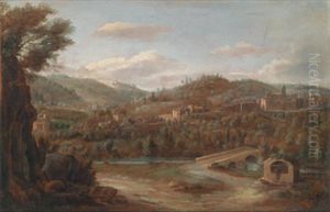 Flusslandschaft Mit Einer Brucke (+ Ein Hochgelegenes Dorf In Latium; 2 Works) by Hendrick Frans van Lint