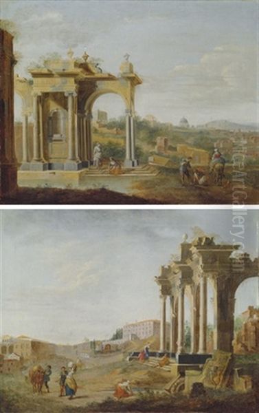 An Extensive Landscape With Women In The Ruins (+ A Landscape With Travellers And Other Figures; Pair) - view 1