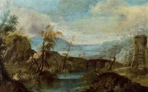 Flusslandschaft Mit Rundturm Und Brucke Flusslandschaft Mit Rundturm Und Brucke