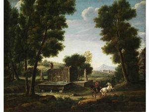 Sudliche Ideallandschaft Mit Antikem Brunnen Und Reiter by Hendrick Frans van Lint