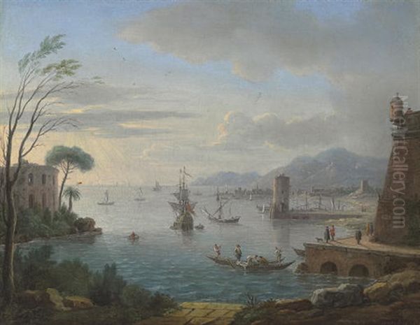 A Capriccio Of An Italian Port With Figures Mooring By A Fort In The Foreground - view 1