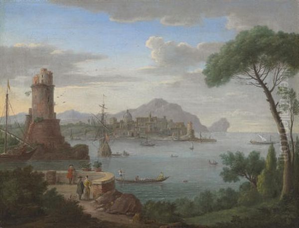 A Capriccio Of A Coastal Town With Figures At A Viewing Point In The Foreground - view 1