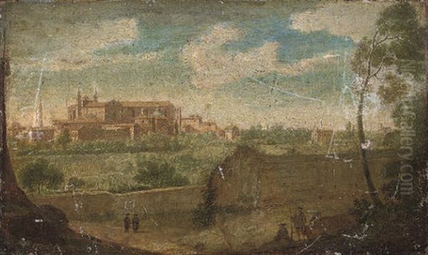 A Wooded Landscape With Figures By A Wall And A View Of The Basilica Of St. John Lateran, Rome Beyond - view 1