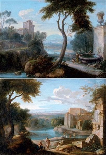 Paysage Montagneux Avec Fontaine (+ Paysage De Riviere Avec Ruines Romaines; Pair) - view 1