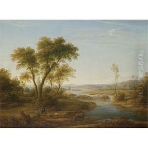 A Classical River Landscape With Herdsmen Conversing In The Foreground