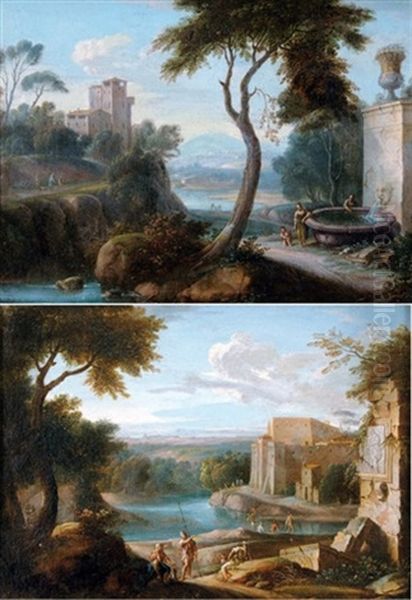Paysage De Riviere Avec Ruines Romaines (+ Paysage Montagneux Avec Fontaine; Pair) - view 1
