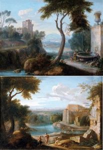 Paysage De Riviere Avec Ruines Romaines (+ Paysage Montagneux Avec Fontaine; Pair) by Hendrick Frans van Lint