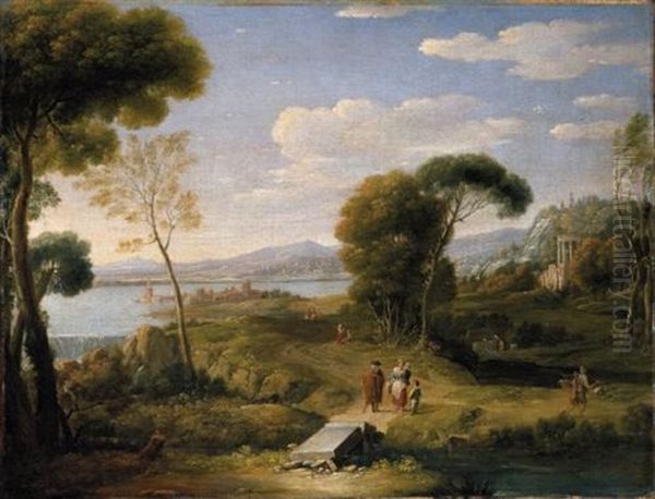 An Extensive Classical Landscape With Figures On A Road Before A Fortified Lakeside Town, A Temple Beyond - view 1