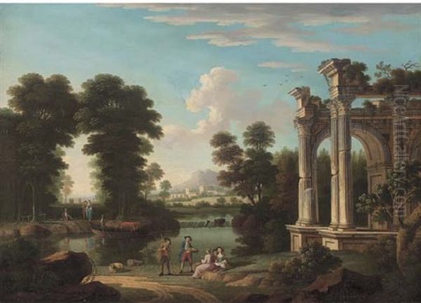 A Classical Wooded River Landscape With Elegant Company Discoursing By Ruins - view 1