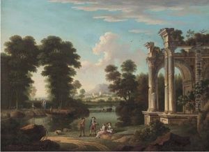 A Classical Wooded River Landscape With Elegant Company Discorsing By Ruins