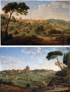 A View Of A Hilltop Town In The Roman Campagna (+ A View Of Saint Peter's Basilica And The Vatican; Pair)