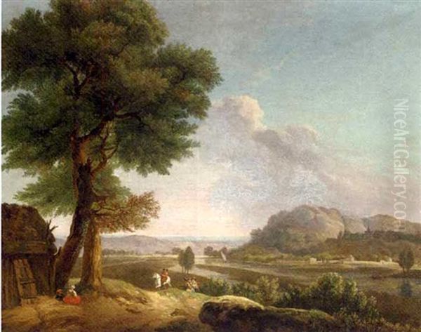 An Extensive River Landscape With Huntsmen And Other Figures By A Hut - view 1