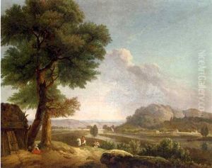 An Extensive River Landscape With Huntsmen And Other Figures By A Hut