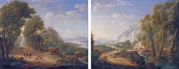 An Extensive Italianate River Landscape With Huntsmen And Elegant Figures On A Wooded Path - view 1