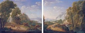 An Extensive Italianate River Landscape With Huntsmen And Elegant Figures On A Wooded Path