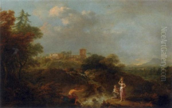 An Extensive Landscape, With Maidens Gathering Water At A Waterfall, An Italianate Town Beyond - view 1