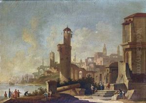 A Coastal Town With Figures Collecting Water From A Fountain, Orientals Conversing On The Shore