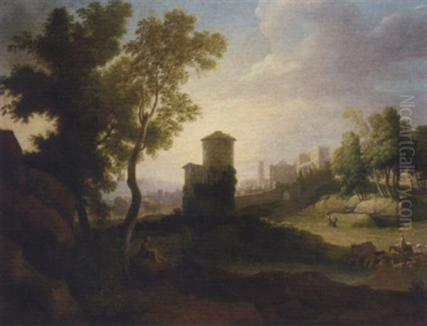 A Classical Landscape With A Drover And Cattle At A Lake, A Walled Town Beyond - view 1