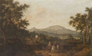 An Extensive Landscape With Peasants And A Donkey On A Track, A View To A Lake And Mountains Beyond
