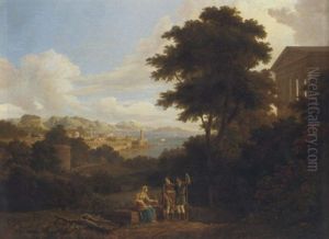 A Classical Landscape With Figures Conversing On A Hilltop Near A Temple, A Coastal Town Beyond by Hendrick Frans van Lint
