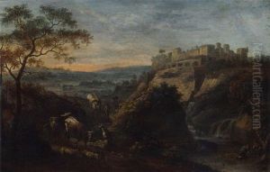 An Italianate Landscape With A Drover On A Riverside Path, A Hilltop Town Beyond