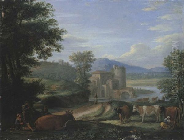 A River Landscape With Drovers And A Milkmaid With Their Cattle, A Castle In The Middle Distance - view 1