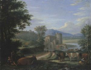 A River Landscape With Drovers And A Milkmaid With Their Cattle, A Castle In The Middle Distance
