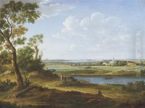 An Extensive River Landscape With A Horseman And His Servant On A Path, Villages And A Town Beyond by Hendrick Frans van Lint