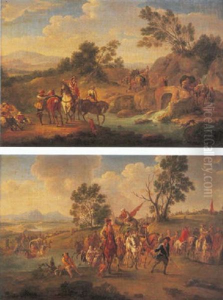 An Elegant Hunting Party Resting By A River, Travellers Crossing A Bridge With Mountains Beyond - view 1