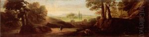 A Wooded River Landscape With Travellers And Women Washing Clothes