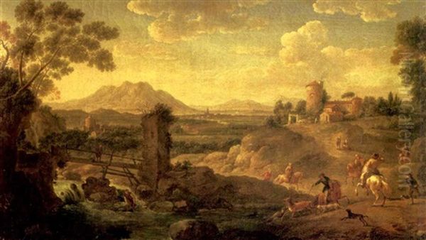An Elegant Hunting Party In An Extensive Italianate Lanscape With Borghi And Mountains Beyond - view 1
