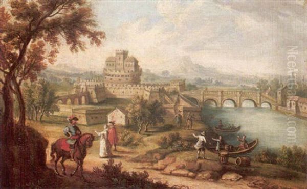 A Capriccio Landscape With Elegant Figures And Horseman Before A Castle - view 1