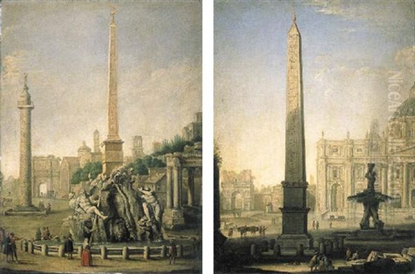 Roman Ruins With Figures, An Obelisk And The Fountain Of Triton - view 1