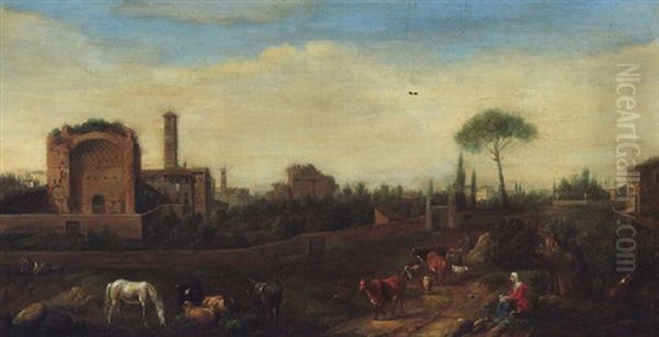 Rome, A View Of The Temple Of Venus And Roma With The Campanile Of The Church Of Santa Maria Nova Looking West, Cattle Outside The City Walls - view 1