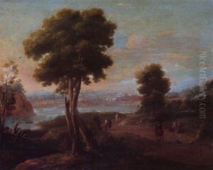 An Italianate Landscape With Figures On A Track, A Lake Beyond by Hendrick Frans van Lint