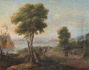Italianate Landscape With Figures On A Track, A Lake Beyond